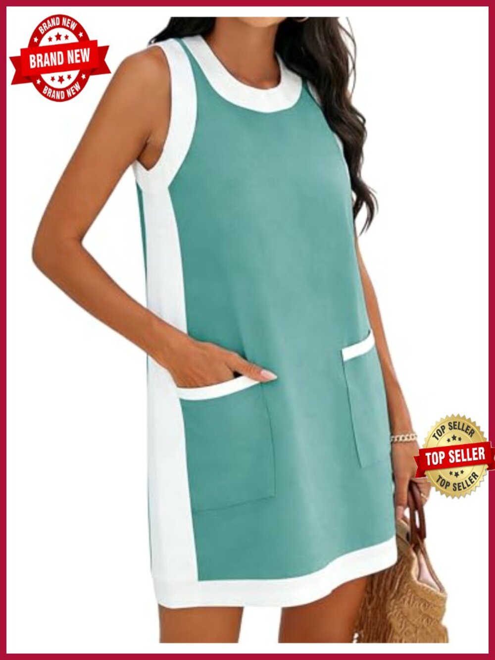Women's Sleeveless Mini Dress Color Block Sundress with Pockets